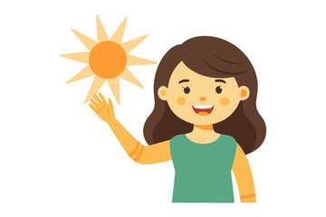 Sunshine Embrace: A cheerful illustration of a woman reaching out to the bright sun, radiating positivity and joy. 