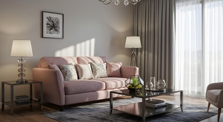 Fototapeta premium Modern Living Room with Pink Sofa, Glass Coffee Table, and Natural Light