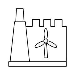 Clean energy power plant illustration featuring a central turbine with surrounding industrial structures and a clear sky suitable for environmental or industrial design projects