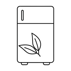Stylized eco friendly refrigerator outline with a green leaf representing sustainability and organic food storage
