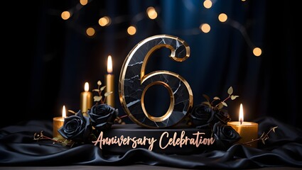 Elegant 6th anniversary celebration with black roses, candles, and golden bokeh lights creating a luxurious and romantic atmosphere for a special event or milestone occasion