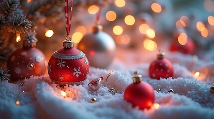 Cozy christmas ornaments and twinkling lights in soft snow