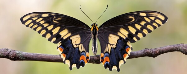 A beautiful butterfly with colorful wings rests on a branch © kirania