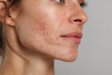 Closeup of a womans face shows her facial skin texture pores acne scarring and several red blemishes
