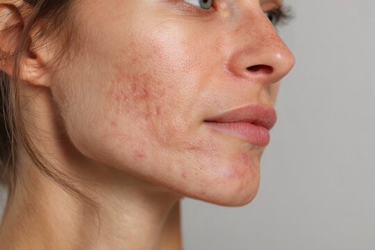 Closeup of a womans face shows her facial skin texture pores acne scarring and several red blemishes
