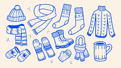 Minimalist hand drawn sketch winter clothing items vector illustration.