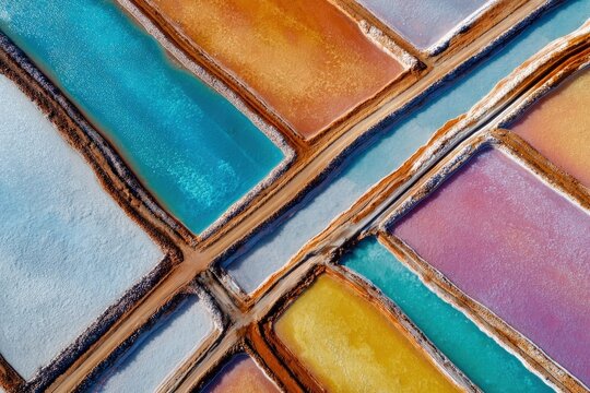 Colorful salt ponds aerial view rectangular shapes separated by earth embankments water hues vary