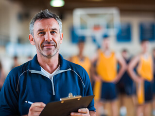 Determined basketball coach reviewing game strategy during practice with his team for upcoming tournament