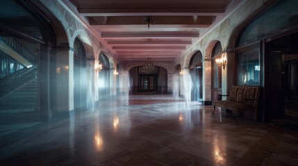 Fototapeta premium Abandoned Hotel Lobby with Ghostly Figures and Eerie Atmosphere