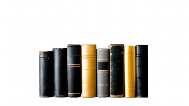 Old books with worn covers in various colors, including black, gray, and yellow, arranged in row. vintage appearance evokes sense of nostalgia and history