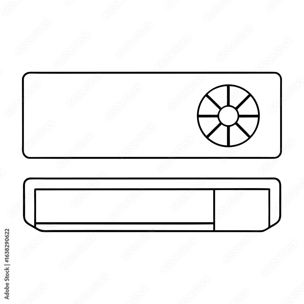 Poster minimalist vector illustration of a modern heat pump unit with visible airflow lines suitable for te