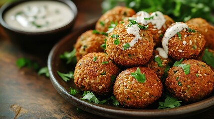 Serving Falafel Balls with Sauce and Parsley on a Plate