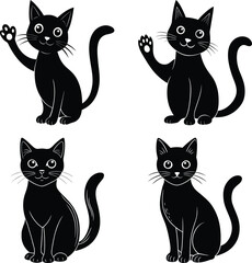 Set of silhouette cats in different poses. Isolated black cat on white background. Vector illustration of elements for design decoration.
