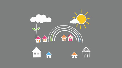 Whimsical illustration depicting a colorful village scene with houses, rainbow, and sun.