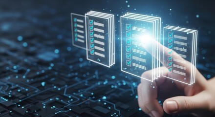 Hand interacting with glowing digital checklist interface with blue circuit board background technology
