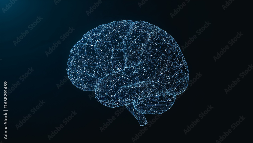 Poster brain connectivity: a futuristic depiction of the human brain, rendered with a network of interconne