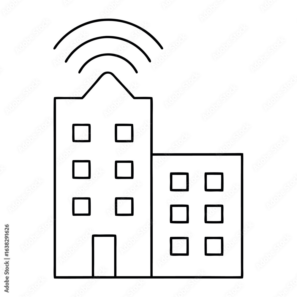 Poster modern tall skyscraper building with visible wi fi signal waves emanating outwards symbolizing conne