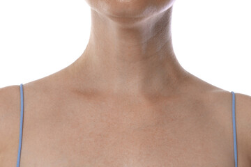 Closeup view of woman on white background