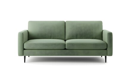 Fototapeta premium Modern Two-Seater Sofa in Sage Green Fabric with Black Legs Isolated on White Background