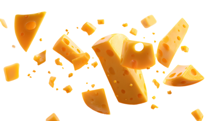 Yellow cheese pieces falling on black background