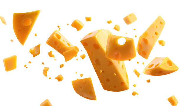 Yellow cheese pieces falling on black background