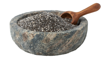 Chia Seeds in Stone Bowl with Wooden Scoop Healthy Eating Superfood