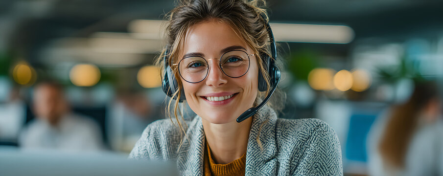Smiling call center agent wears headset talking to client, customer service operator uses laptop for telemarketing. Pro woman works in tech support office, provides communication assistance.