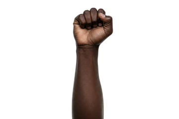 Raised Dark-Skinned Fist: A Close-Up of an Arm Extending Upward with a Clenched Fist, Isolated on a White Background, Symbolizing Strength