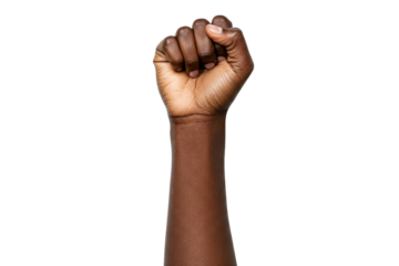 Raised Dark-Skinned Fist: A Close-Up of an Arm Extending Upward with a Clenched Fist, Isolated on a White Background, Symbolizing Strength