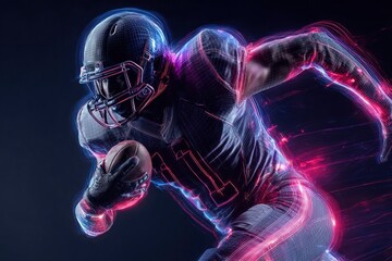 Glowing American football player running forward in action pose dark background wireframe neon effect