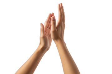 Close-up of female hands clapping against white background, expressing approval, appreciation, celebration, support, encouragement, recognition, positivity, and unity on transparent background