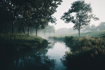 Misty morning river flowing through a lush forest