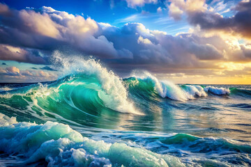 A massive ocean wave rolling towards the shore, illuminated by the soft glow of the setting sun. A breathtaking and dynamic ocean scene. 