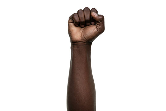 Raised Dark-Skinned Fist: A Close-Up of an Arm Extending Upward with a Clenched Fist, Isolated on a White Background, Symbolizing Strength