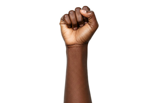 Raised Dark-Skinned Fist: A Close-Up of an Arm Extending Upward with a Clenched Fist, Isolated on a White Background, Symbolizing Strength
