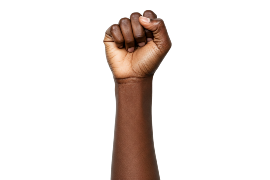Raised Dark-Skinned Fist: A Close-Up of an Arm Extending Upward with a Clenched Fist, Isolated on a White Background, Symbolizing Strength