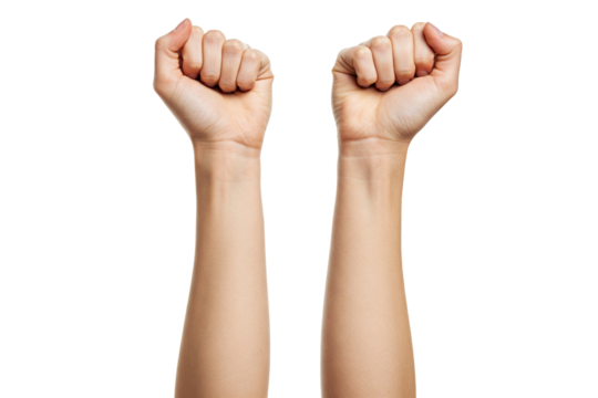 Raised Fists: Two Arms Extending Upwards with Clenched Fists, Isolated Against a White Background, Symbolizing Power or Protest