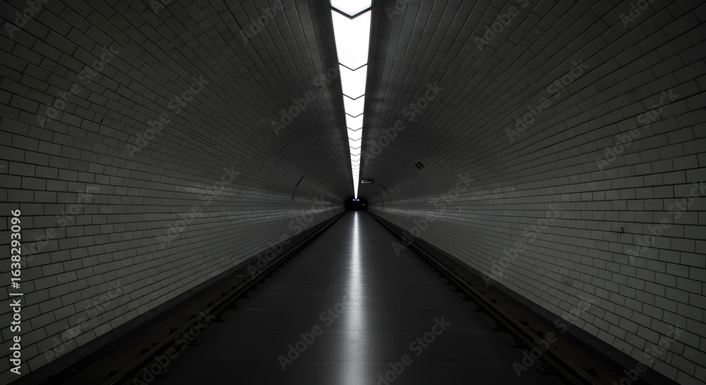 Poster symmetrical view of a dark tunnel with tiled walls and a bright light source at the end.