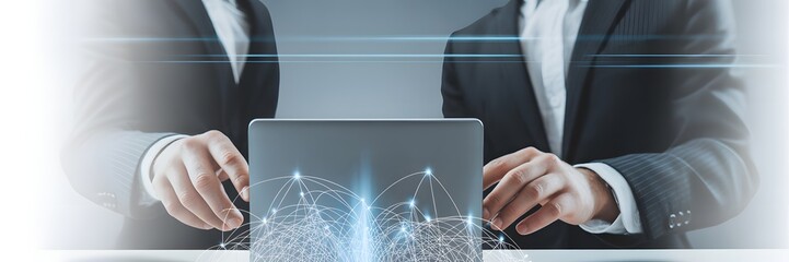 Digital Collaboration: A pair of professionals, in stylish suits, huddle over a digital tablet, symbolizing the essence of teamwork, innovation, and modern technology.