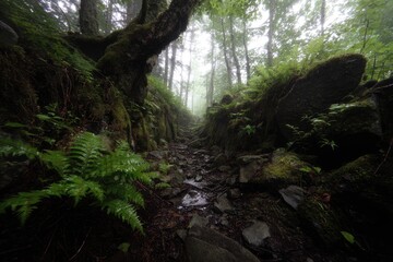 Obraz premium Misty forest path, mossy rocks, ferns