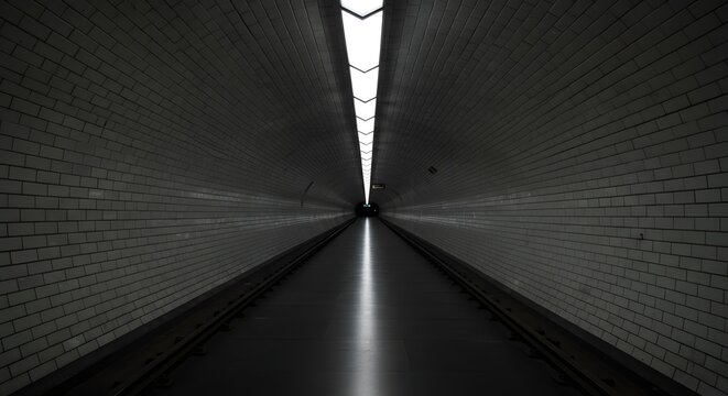 Symmetrical view of a dark tunnel with tiled walls and a bright light source at the end.