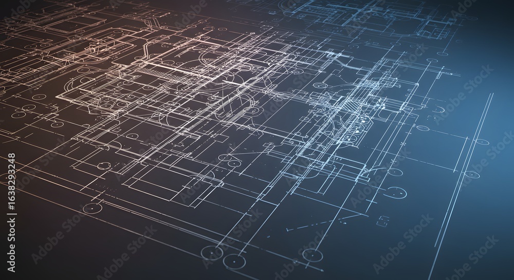 Poster abstract blueprint-style illustration with interconnected white lines forming a complex network on a