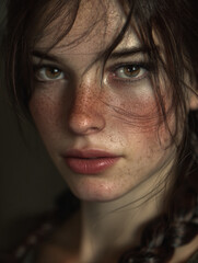 Dramatic portrait of a young person with freckles and a piercing gaze, generated by AI. Soft light and an intimate composition highlight the details of the skin and intense expression.