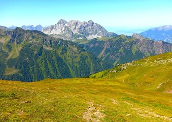 Fototapeta premium Bergwandern in den Flumser Bergen, Ostschweiz