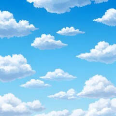 Obraz premium Illustrative blue sky with soft white cumulus clouds on a clear day. A vibrant and serene cartoon skyscape background.
