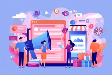 Marketing Illustration Digital campaign with website mobile shop and megaphone featuring 4 people