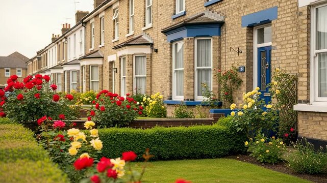 Charming row of traditional British terraced houses with vibrant red and yellow rose gardens and green lawns on a residential street