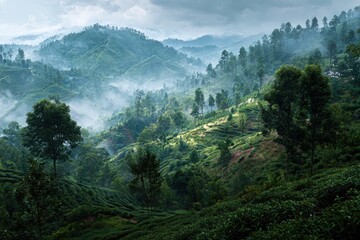 Obraz premium Misty mountain tea fields