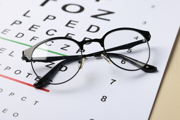 Vision test chart and glasses on beige background, closeup