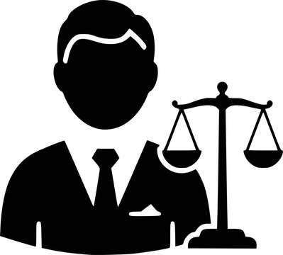 Law and Justice Icon: A bold and minimalist icon depicting a lawyer with a scale of justice. The simple, black-and-white design conveys a sense of authority and legal representation.